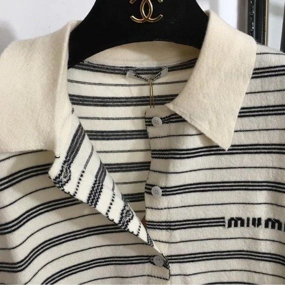 Miu Miu Black and Cream Striped Polo Long Sleeve - Picture 3 of 7